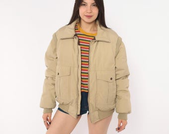 70s Down Bomber Jacket and Vest Covertible Zip Off Sleeves Puffer Coat Tan Khaki  Winter Ski Boxy Warm Unisex Mens Medium Womens Large L