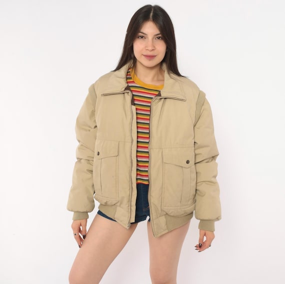 70s Down Bomber Jacket and Vest Covertible Zip Off Sleeves Puffer Coat Tan Khaki  Winter Ski Boxy Warm Unisex Mens Medium Womens Large L