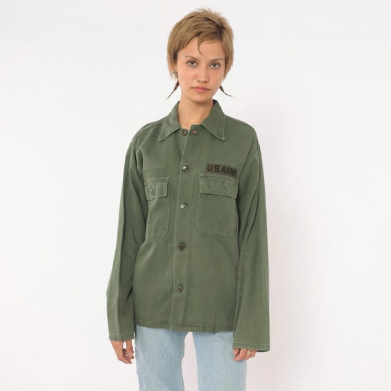 90s US Army Shirt Olive Green Military Button Front Cotton Utility Long Sleeve Uniform  Collared Field Top Grunge Unisex Vintage Small S