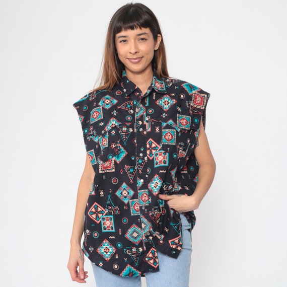Southwestern Tank Top 90s Sleeveless Pearl Snap Button up Shirt Black Geometric Print Blouse Collared Raw Cutoff Armhole Vintage 1990s XL
