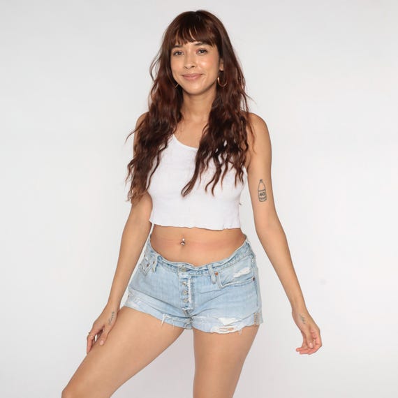 Levi's Low Rise Jean Shorts Exposed Button Fly Blue Denim Cutoff Shorts Distressed Cuffed Levi Strauss Frayed Vintage Medium 29