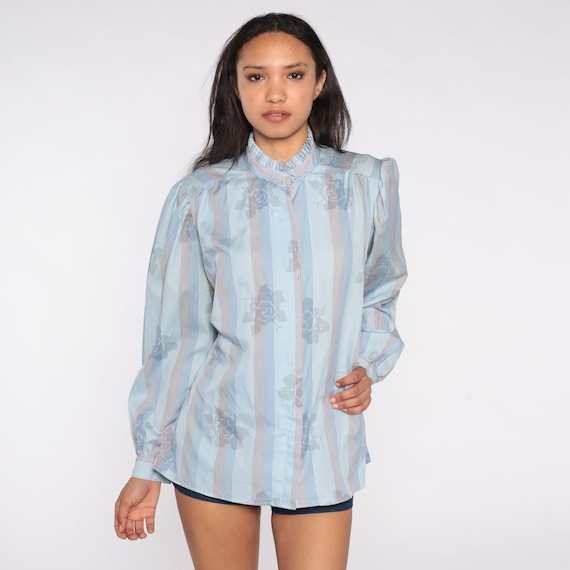 Ruffle Neck Blouse 80s Blue Striped Floral Print Shirt Boho Puff Sleeve Victorian Top 1980s Vintage Romantic Secretary Shirt Extra Large XL