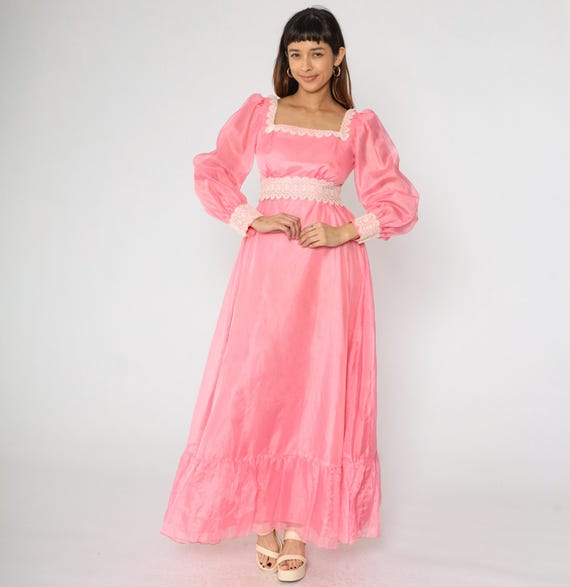 70s Pink Taffeta Evening Gown Prairie Dress Puff Sleeve Lace Square Neck Vintage Party Dress 1970s Cottagecore Empire Waist Flounce Small