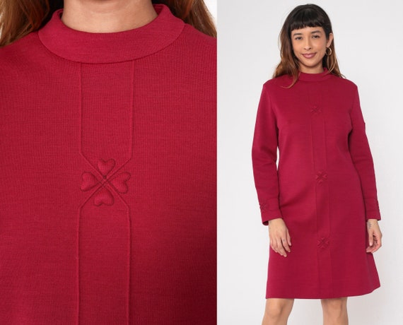 Burgundy Shift Dress 60s 70s Heart Wool Blend Mod… - image 1