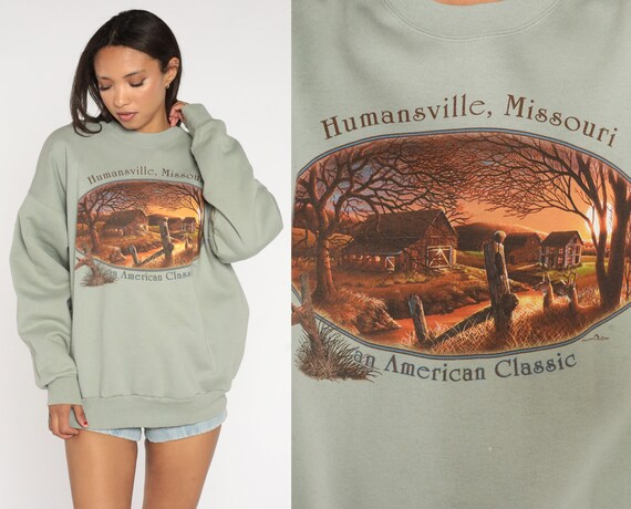 Humansville Missouri Sweatshirt 90s Crewneck Muted Moss Green Graphic Shirt MO 1990s Country Farm Pullover 1990s Vintage Extra Large xl