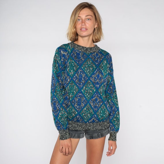 Diamond Knit Sweater 80s Geometric Print Harlequin Boho Jumper 90s Bohemian Black White Blue Green Vintage Knitwear Retro Pullover Medium M