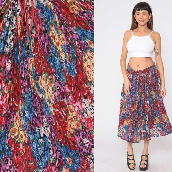 90s Floral Broomstick Skirt Red Blue Purple Boho Hippie Gauze Crinkle Skirt Midi Bohemian Vintage Festival Indian Medium Large xl