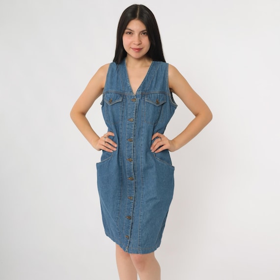 90s Denim Dress Button Front Sleeveless Blue Jean Dress V Neck Pockets Western Utility Grunge Streetwear Summer Casual Size 10 Medium M