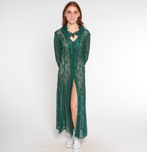 90's Sleeveless Crochet Detail Green and Floral Maxi Dress by Decked Out main image 1