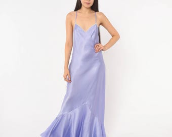 Lavender Slip Gown 90s Lucie Ann Strappy Open Back Bias Cut Satin Lace Trim Periwinkle Lilac Violet Coquette Fairycore Dress Vintage Small S