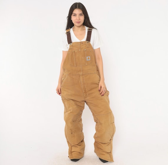 Carhartt Double Knee Overalls Tan Duck Canvas Bib Insulated Work Wear Dungarees 2000s Cotton Cargo Utility Workwear Khaki Extra Large XL