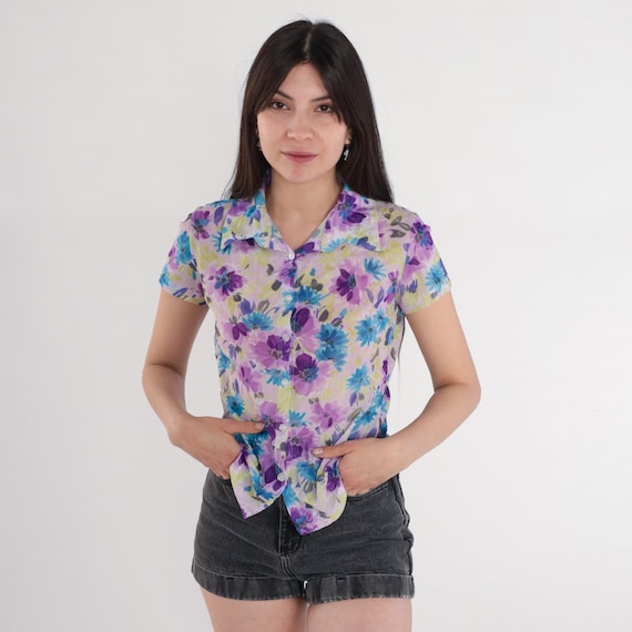 Floral Button Up Blouse 90s Lavender Purple Shirt Short Sleeve Top Watercolor Blue Flower Print Retro Semi-Sheer 1990s Vintage Small S