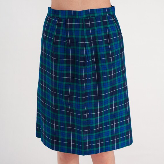 60s Plaid Skirt Navy Blue Green Checkered Skirt Mod Mini Wool High Waisted Preppy Pencil Skirt Secretary Sixties Vintage 1960s Small 4