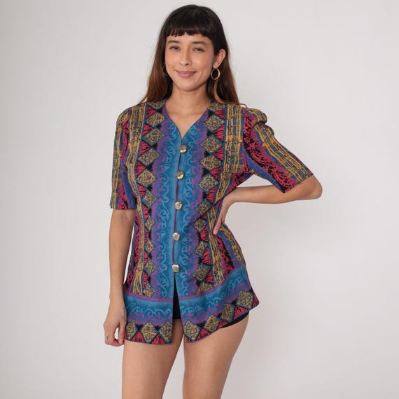Western Print Mini Dress 90s Blue Pink Gold Short Sleeve Vintage Button Front Collar Tribal Geometric Southwest Boho Festival Medium M