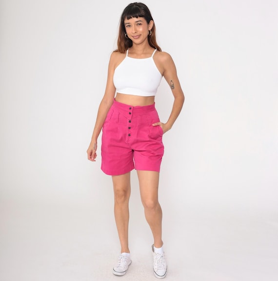 90s Hot Pink Denim Shorts Palmettos Jean Shorts Exposed Button Fly High Waisted Pleated Retro Summer Vintage 1990s Medium 9
