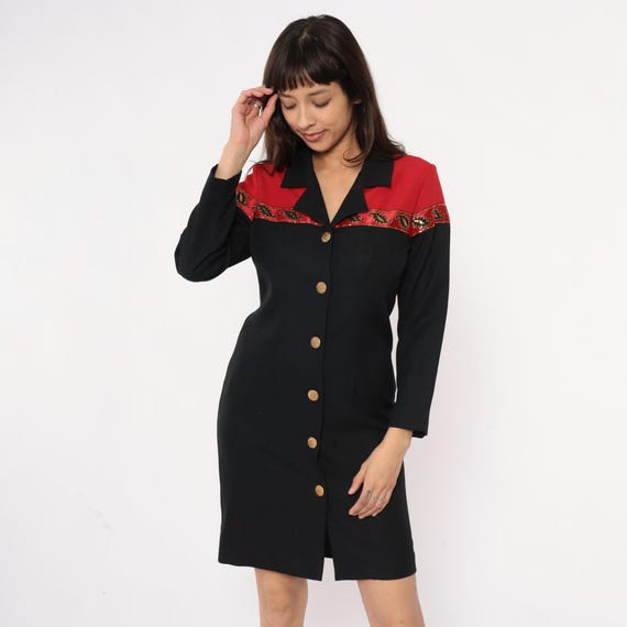 Western Style Dress 90s Black Red Color Block Gold Embroidered Trim Southwest Pattern Vintage Shirt Coat Knee Length Collar Formal Small S
