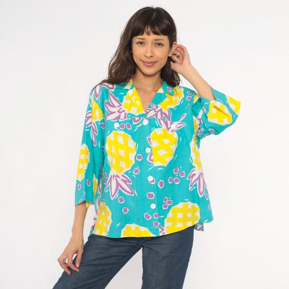 Pineapple Print Shirt Blouse 90s Hawaiian Shirt Teal Yellow Purple Tropical Fruit Cotton V Neck Collar Beach Vacation Top Vintage Large L