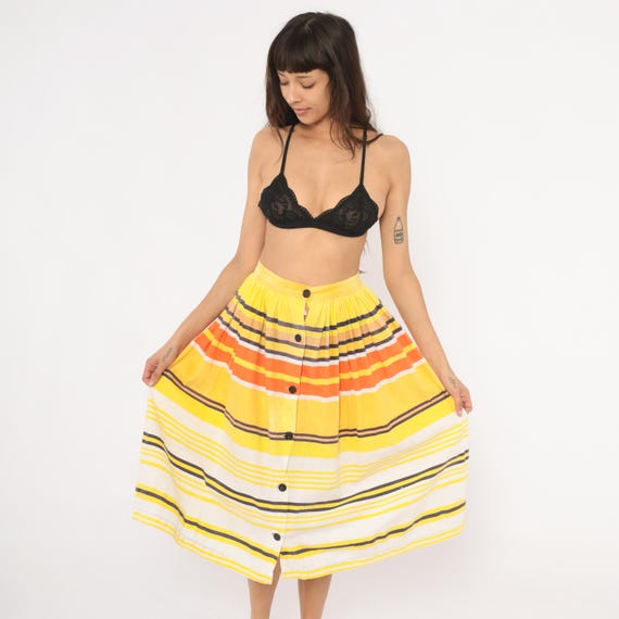 Striped Button Front Skirt 70s Yellow Orange Gathered Waist Cotton Midi Circle Full Sweep Horizontal Stripe Vintage Womens Small S