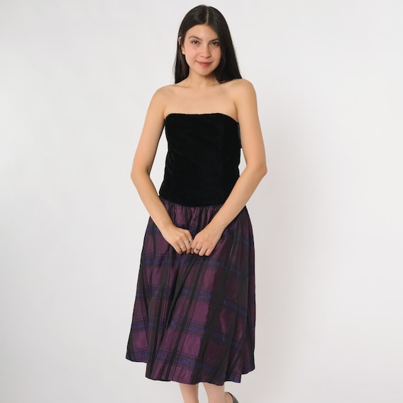 Scott McClintock Dress 90s Strapless Velvet Bodice Party Purple Plaid Taffeta Skirt Strapless Evening Prom Gown Holiday Cocktail Small S