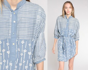 80s Floral Dress Blue Shirtdress Casual Belted Mini Dress Bohemian Striped Button Up Summer Vintage Boho 1980s 3/4 Sleeve Extra Large xl