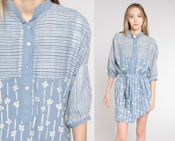 80s Floral Dress Blue Shirtdress Casual Belted Mini Dress Bohemian Striped Button Up Summer Vintage Boho 1980s 3/4 Sleeve Extra Large xl