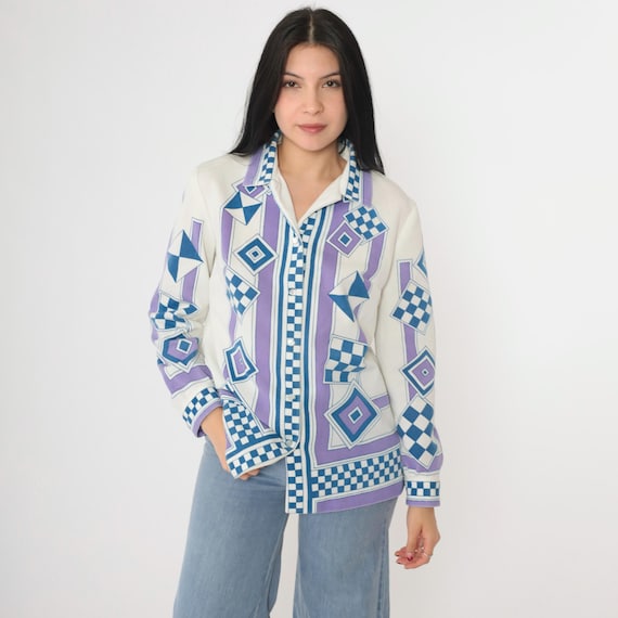 70s Geometric Blouse Disco Top Purple White Shirt Hippie Blouse Bohemian 1970s Long Sleeve Button Up Blue Boho Women's Size Medium M