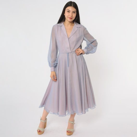 Lavender Midi Dress 70s Bishop Sleeves Wrap Front Chiffon Vintage Secretary Blouse Dress Sheer Flowing  Romantic Bohemian Office Medium M