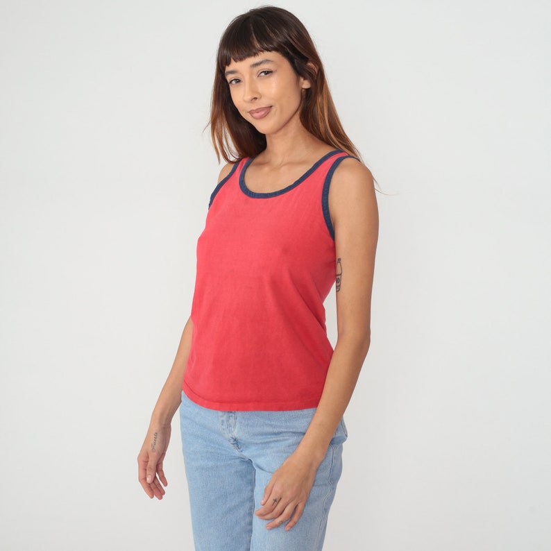 Red Tank Top 80s Ringer Tee Shirt Sleeveless T-Shirt Retro Basic Plain Solid Summer Sporty TShirt Solid Single Stitch 1980s Vintage Medium M image 4