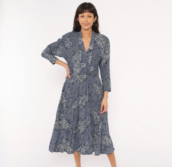 90s Leaf Print Wrap Dress Cobalt Navy Fern Botanical Midi Cotton Blend V Neck Snap Front Pockets A Line Blue White Tropical Vintage Small S