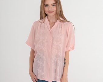 Floral Embroidered Blouse 80s Semi-Sheer Pink Top Puff Sleeve Button up Shirt Collared Pastel Feminine Romantic Darling Vintage 1980s Large