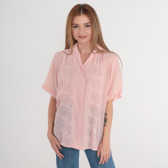 Floral Embroidered Blouse 80s Semi-Sheer Pink Top… - image 4