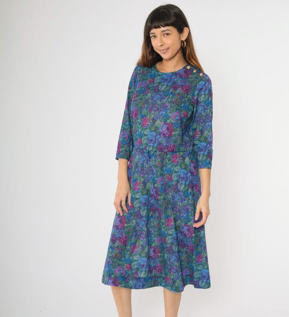 Vintage Rose Print Dress Blue Purple Floral Dress 80s Grunge Midi Low Waist Bohemian Long Sleeve 1980s Casual Basic Size Medium M