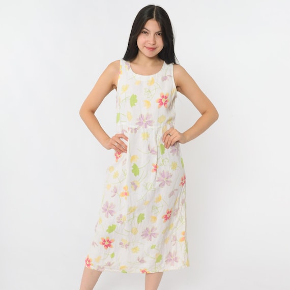 90s White Floral Linen Dress Vintage Grunge Boho Bohemian High Waist Midi 1990s Sleeveless Garden Party Small 4 Petite
