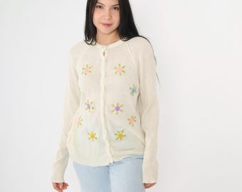 Vintage 70's Floral Argyle Knit Cardigan, White/cream Sweater