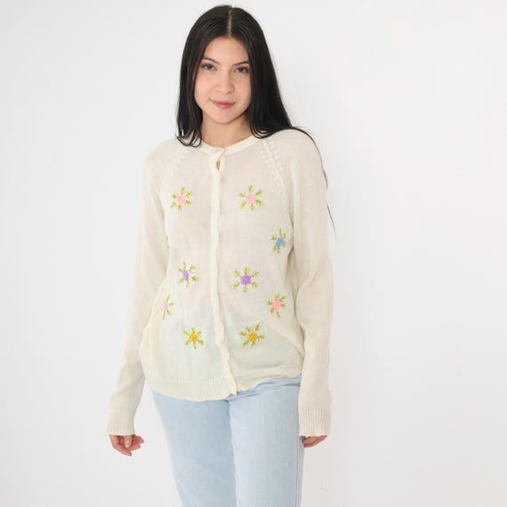 70s Floral Embroidered Cardigan Sweater Vintage Off-White Semi-Sheer Knit Bohemian Sweater 1970s Grandma Hippie Boho Raglan Sleeve Medium