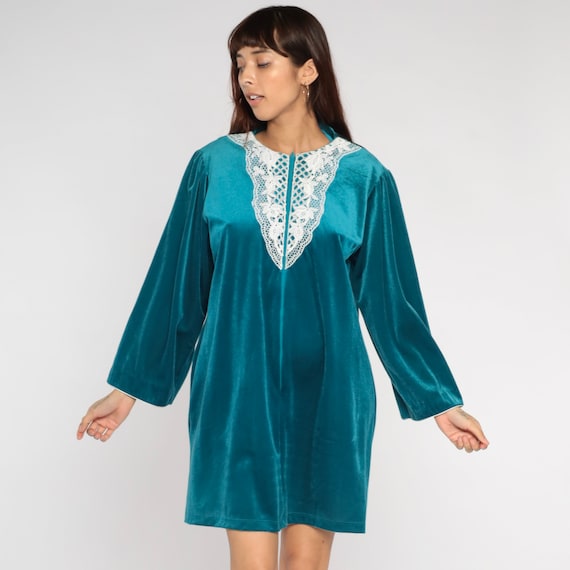 80s Velour Lounge Dress Teal Green Pajama Mini Dress Floral Lace Bib Long Sleeve Nightie Front Zip Retro Loungewear Vintage 1980s Large L