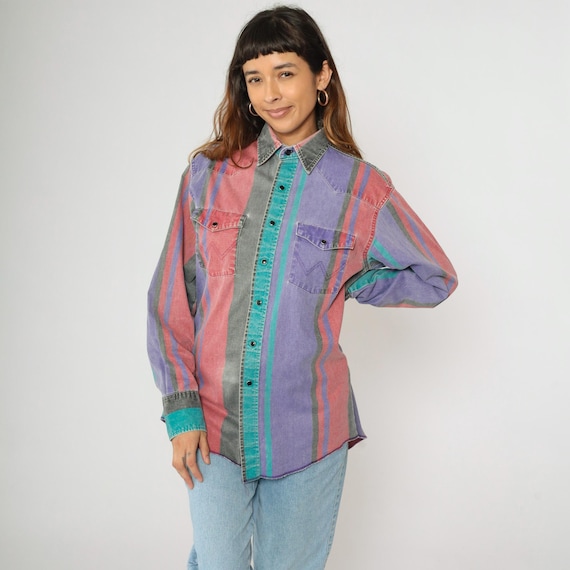 Vintage Wrangler Brushpopper Shirt 90s Western Faded Stripe Colorblock Pearl Snap Long Sleeve Rodeo Cowboy 1990s USA 15 1/2-34 X-Long Tails