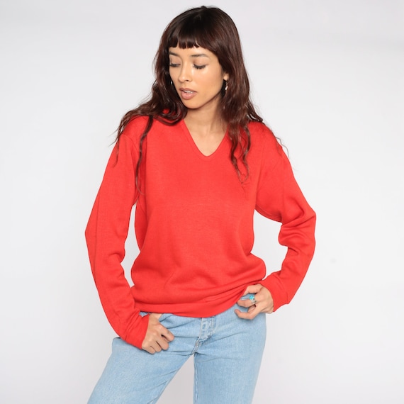 Red Sweater V Neck Sweater Slouchy 80s Hipster Plain Knit Sweater 1980s Vintage Normcore Retro Medium