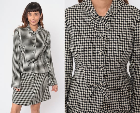 90s Houndtooth Skirt Suit Two Piece Set With Jack… - image 1