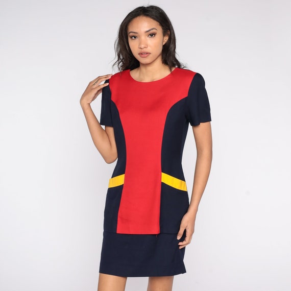 Color Block Shift Dress 90s Navy Red Mini Secretary Dress Short Sleeve Retro Preppy 80s Vintage Striped Colorblock Ann Taylor Medium M 8