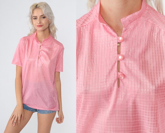 Pink Checkered Blouse 70s Embossed Top Shiny Half Button up Shirt Mandarin Collar Short Sleeve Boho Preppy Secretary Vintage 1970s Small S