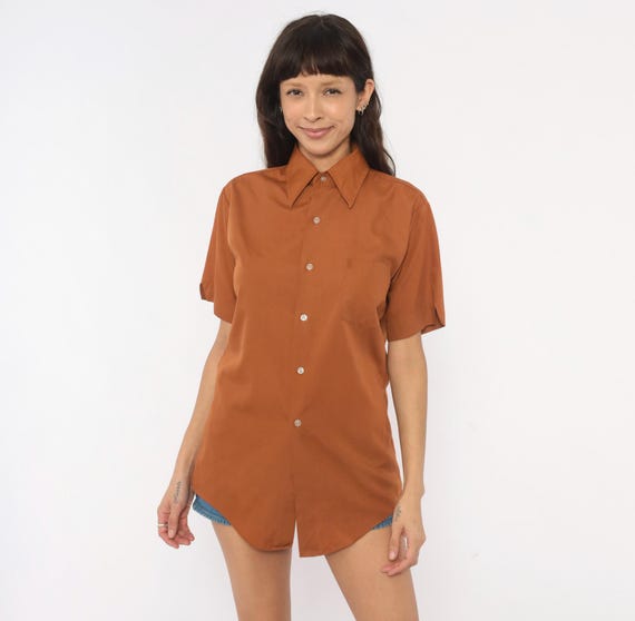 70s Rust Button Front Shirt Copper Pointed Collar Blouse Terra Cotta Top Chest Pocket Brown Mustard Vintage Tone Summer Unisex Mens Small S