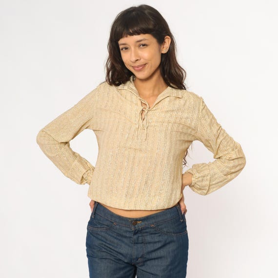 70s Gold Metallic Blouse Disco Shimmer Collar Long Sleeve Champagne Secretary Shirt Striped Texture Party Top Glam Vintage Evening Small S