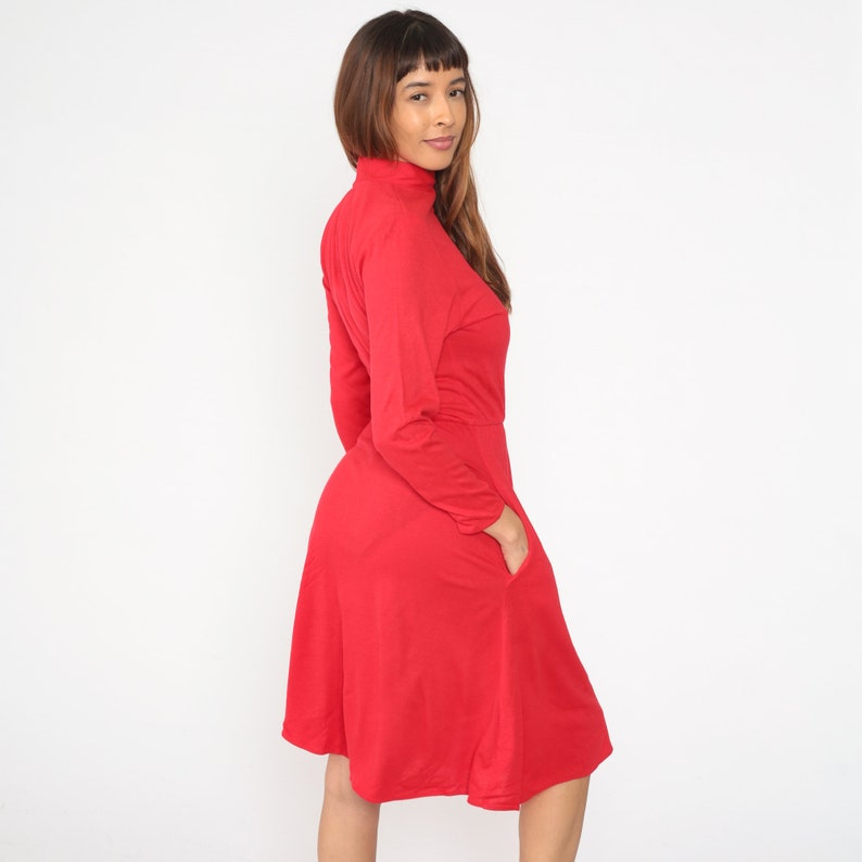 Red Acrylic Dress 70s 80s Mock Neck Midi Dress Long Sleeve Dress Pocket Low Waist Secretary Long Sleeve 1980s Vintage Plain Medium Large image 5