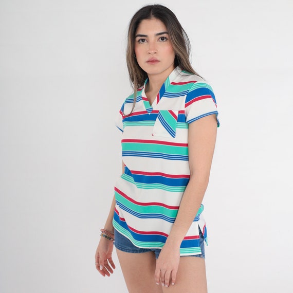 70s Striped Shirt V-Neck T-Shirt Retro Pocket Tee White Red Green Blue V Neck Basic Streetwear Casual Top Short Sleeve Vintage 1970s Medium