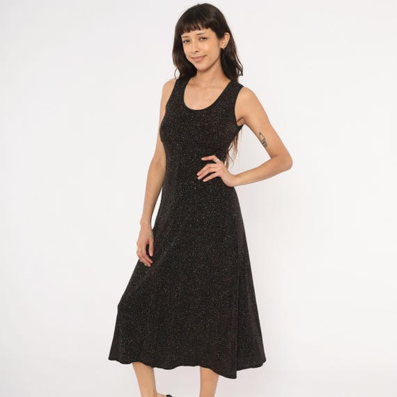 Sparkle Knit Maxi Dress 90s Black Glitter Tank Sleeveless Scoop Neck Empire Waist A Line Evening Party Cocktail Gown Shimmer Medium M