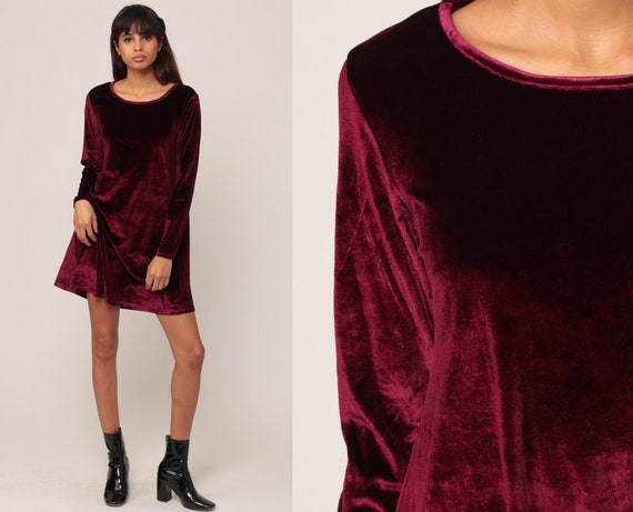 Burgundy Velvet Dress Velvet Mini 90s Party Grunge Long Sleeve A Line 1990s Cocktail Goth Vintage Shift Tent Minidress Small