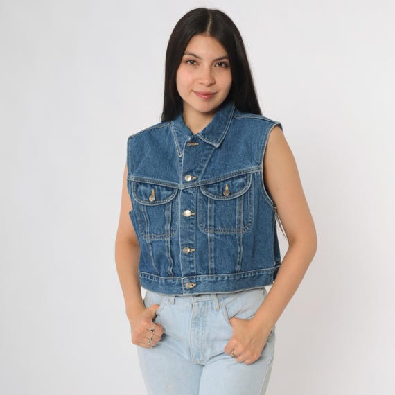 90s Sleeveless Vest Denim Great Land Dark Wash Jean Jacket Button Front Pocket Detail Streetwear Classic Blue Denim Vest Medium M