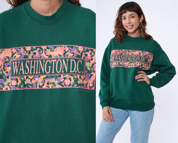 Washington DC Sweatshirt 90s Sparkly Dark Green Glitter Shirt Spellout Graphic Shirt Capitol Crewneck Vintage 1990s Spell Out Medium Large