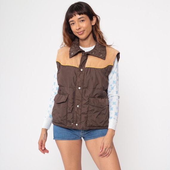 Western Puffer Vest 70s Down Hill Brown Corduroy Yoke Tan Yellow Piping Vintage Outdoor Snap Front Down Feather Quilted Ranch Wear Medium M